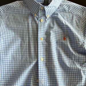 Ralph Lauren Light Blue Gingham Button-Down Shirt with Orange Pony